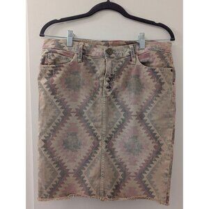 Current/Elliott Aztec Print Denim Pencil Skirt With Raw Hem